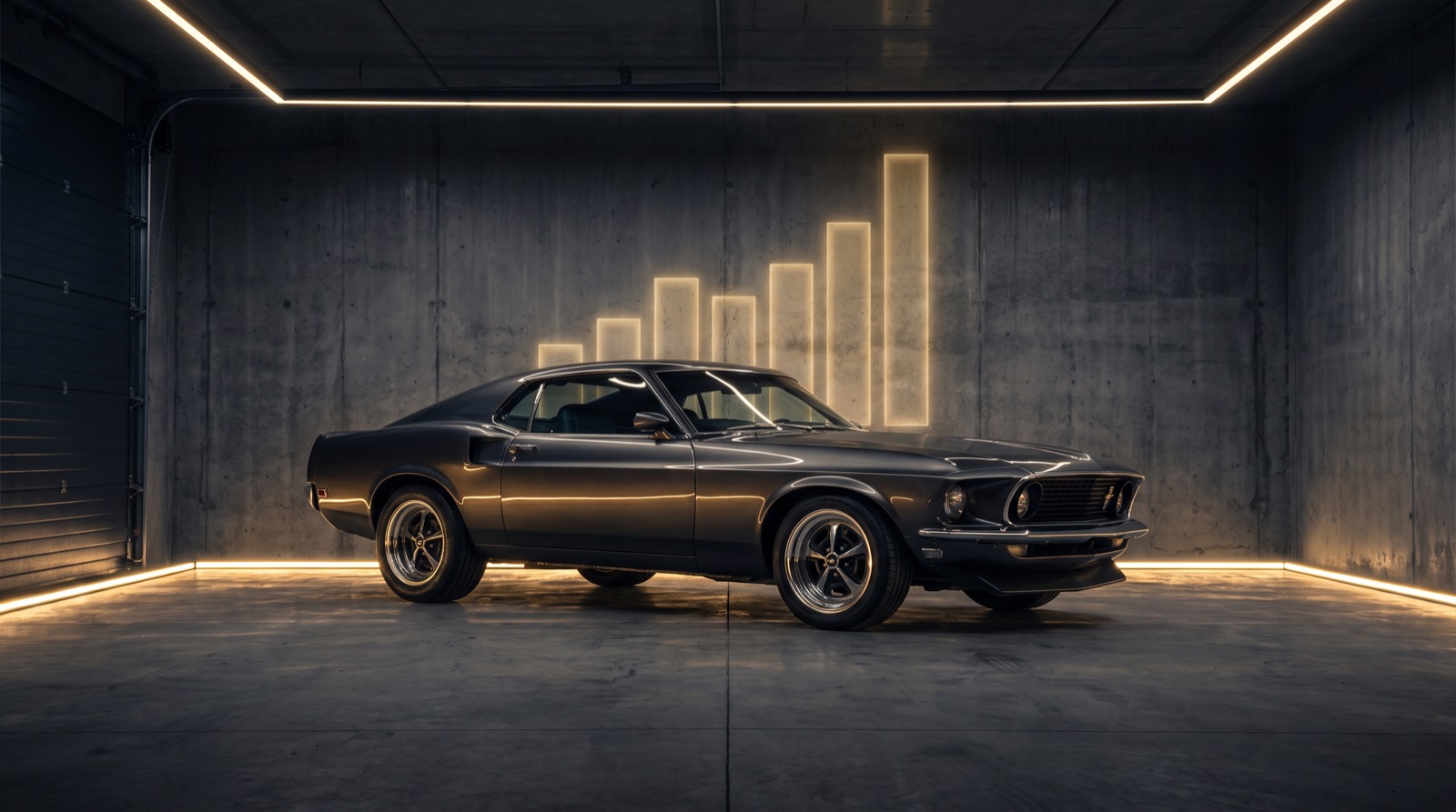 Classic 1969 muscle car in a dark garage with a glowing gold bar chart behind it
