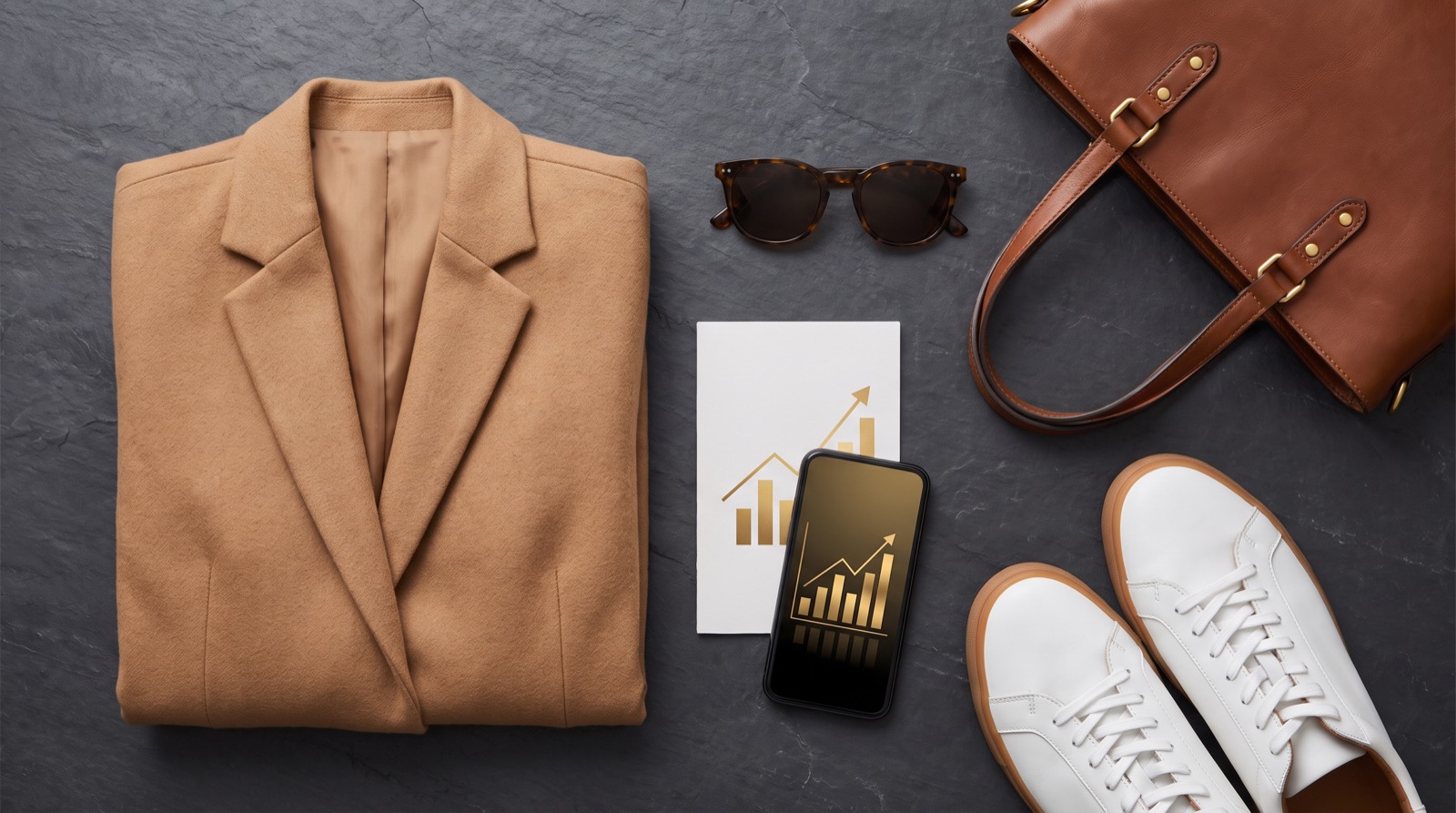 Fashion flat-lay with a phone showing a rising chart, representing a fashion software business under management