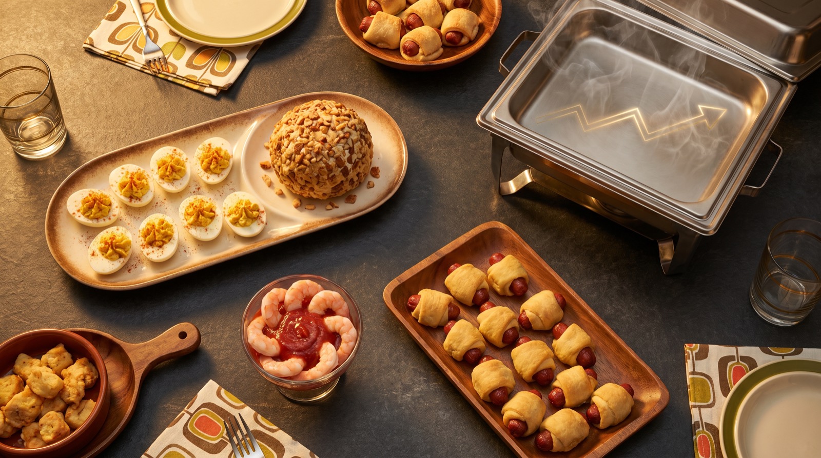 Retro 1960s party appetizer spread on a dark table in warm light