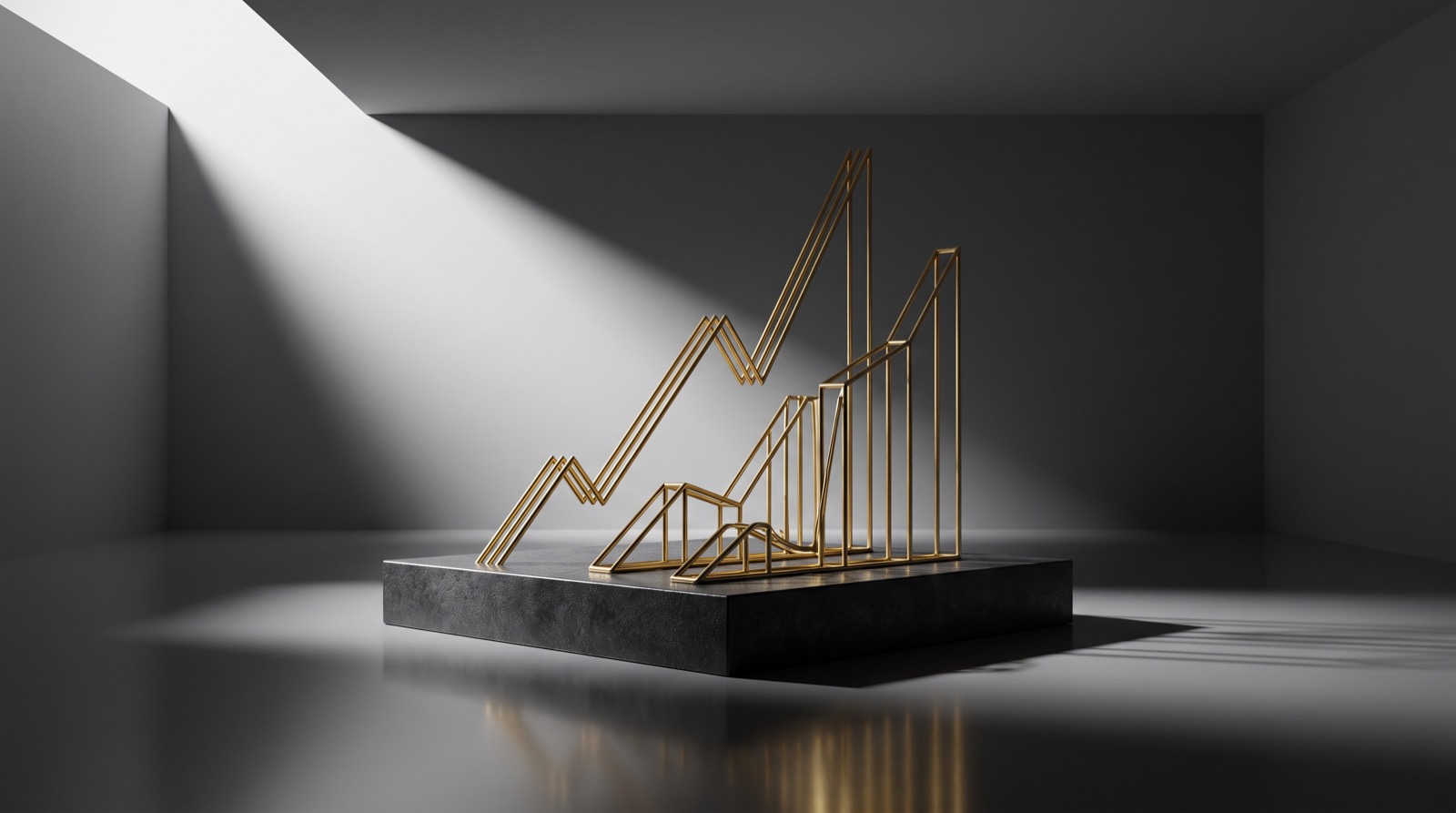 Sculptural gold line graphs rising from a dark graphite surface