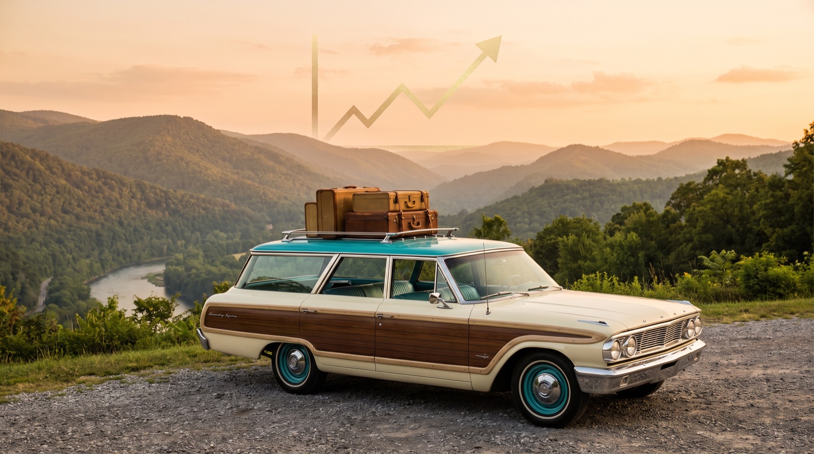 Vintage station wagon with suitcases at a mountain overlook at golden hour