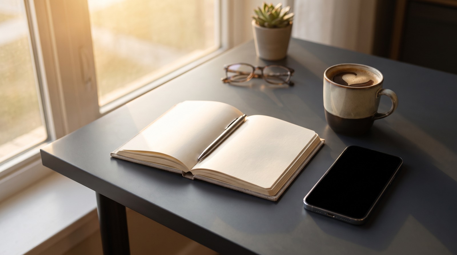 Phone, notebook calendar and coffee on a desk in warm morning light