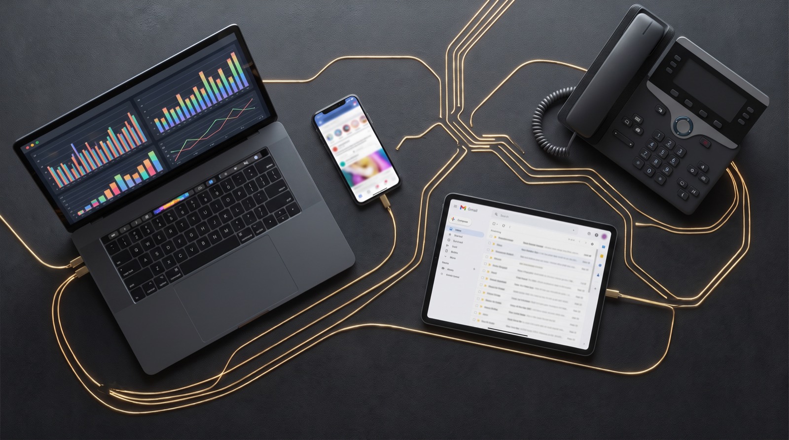 Laptop with ad dashboards, phone with social posts, tablet with email and a desk phone connected by gold circuit lines