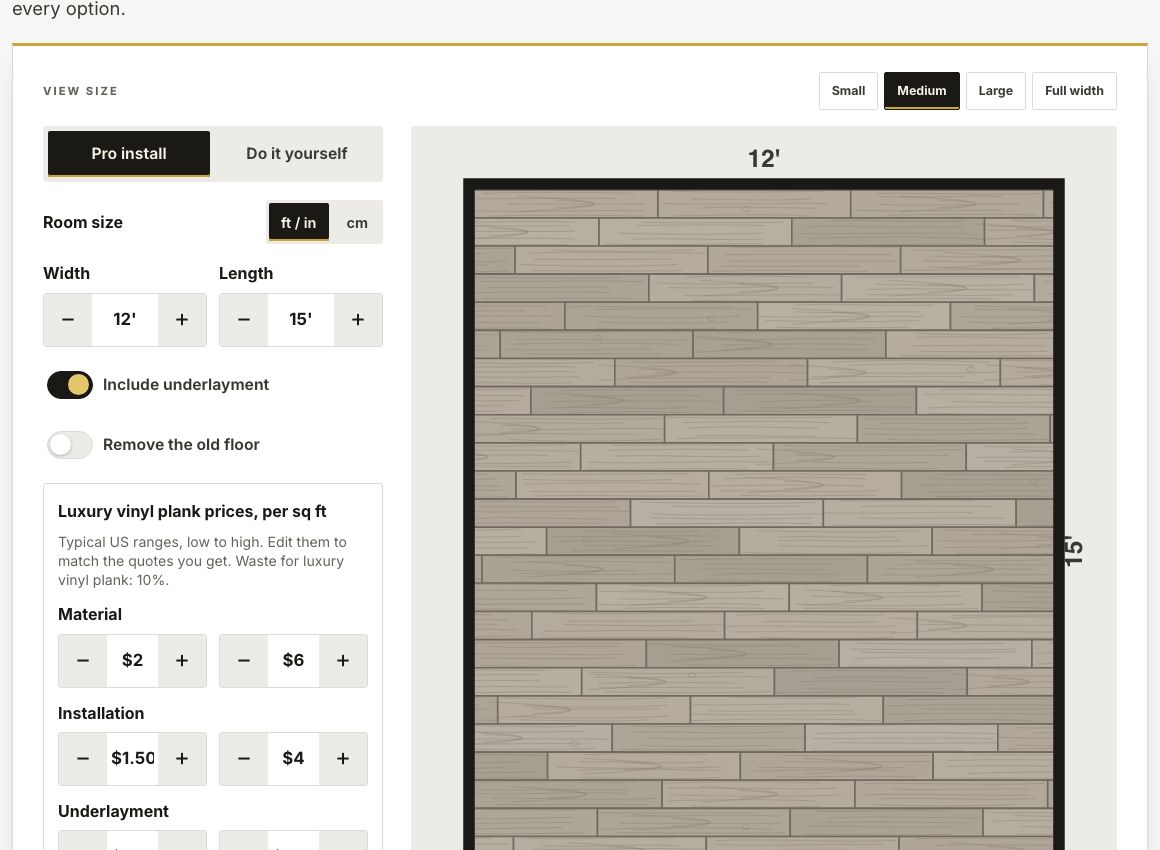 Screenshot of the Nestique Flooring Cost Calculator